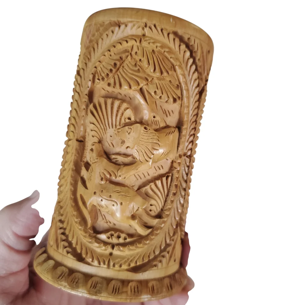 Vintage Hand-Carved Wooden Pen Holder - African Wildlife & Jungle Scene